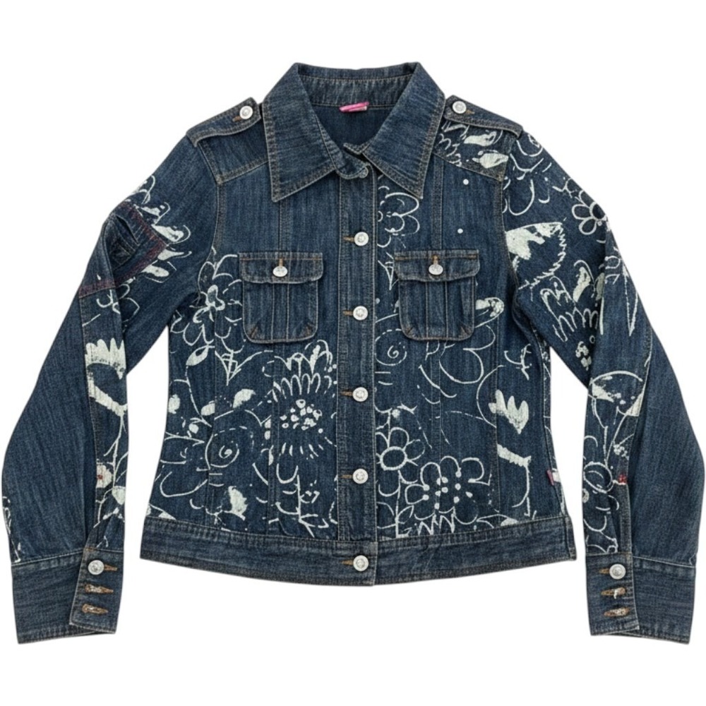 Oilily Womens Floral Doodle Print Denim Jacket Dark Wash Rhinestone Size 40